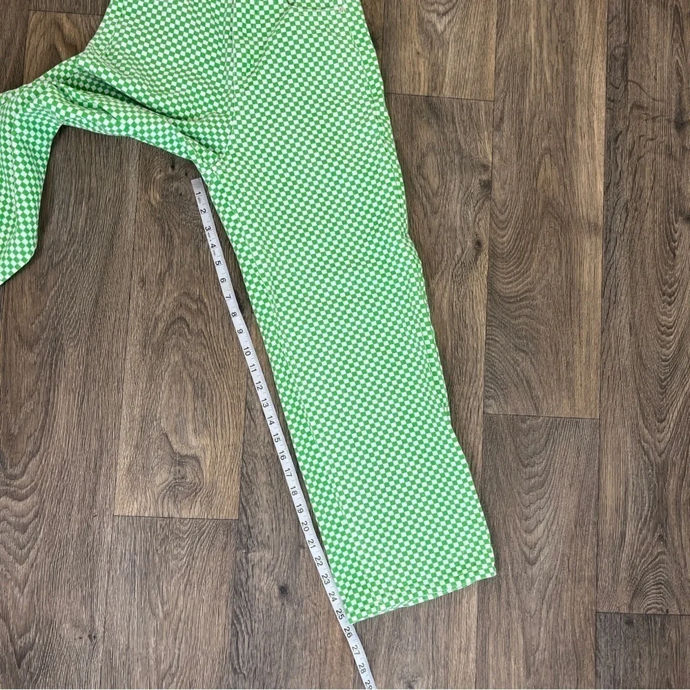 Shekou Women Size XS Linen Green Checkered Straight Leg High Waisted Trousers